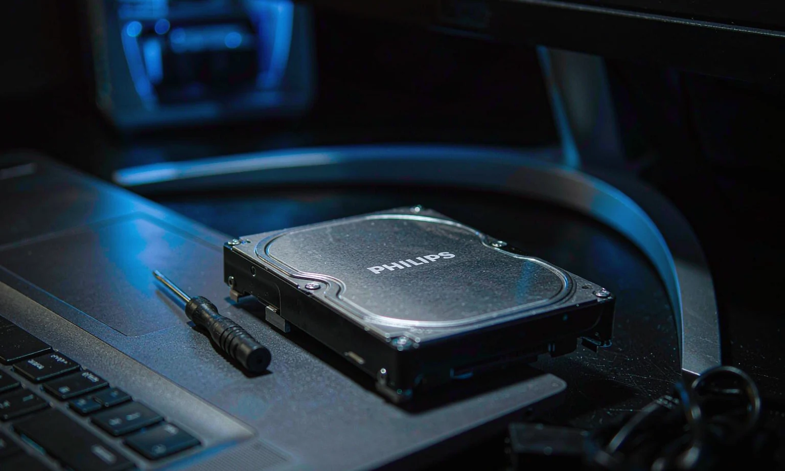 Philips 2.5-inch SATA SSD installed on laptop, manufactured by OV CHIP TECH